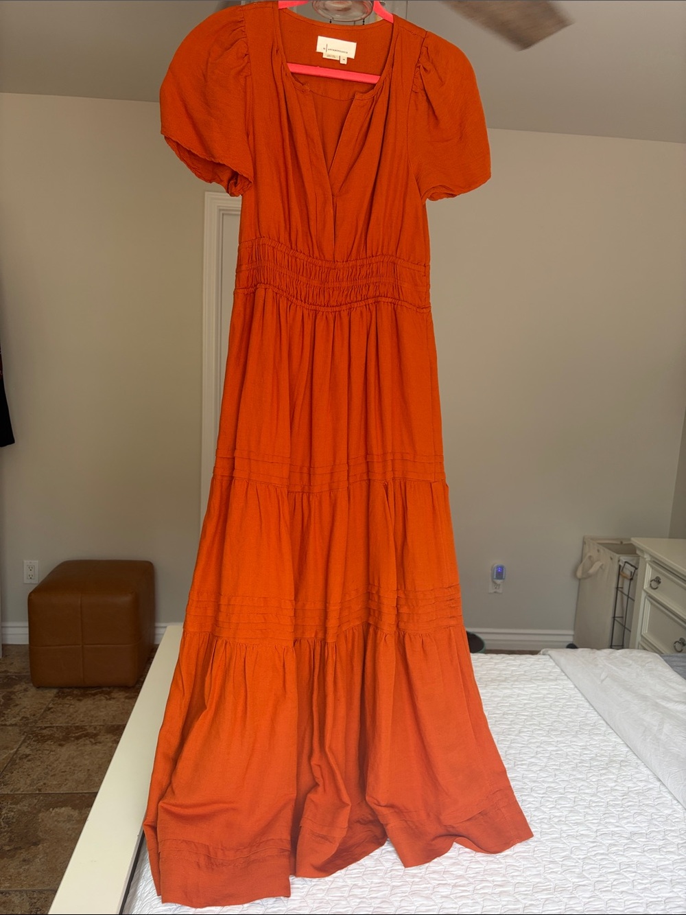 Anthropologie Sunlit Rust Orange Tiered Maxi Dress with Puff Sleeves